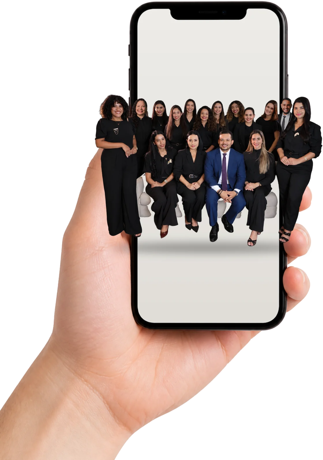 Equipe da Ventura Advogados saindo da tela do celular — atendimento 100% pelo celular